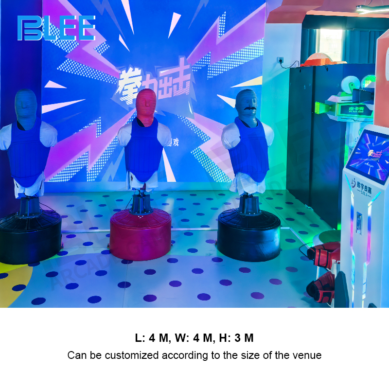 Player in single mode executing combination punches on responsive boxing targets with projected animations