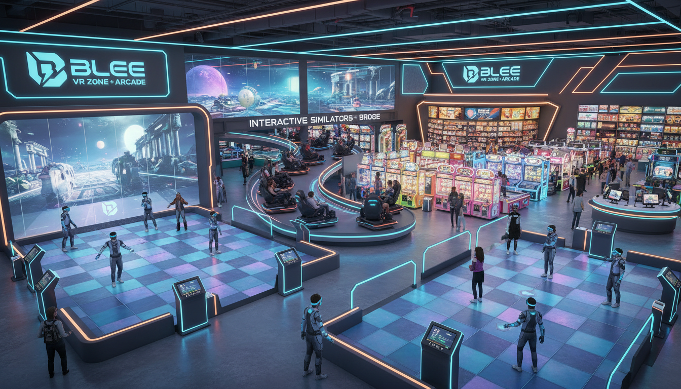 BLEE VR Zone + Arcade Integration: a modern FEC interior showcasing an Anchor–Bridge–Harvest circuit with a free-roam VR anchor, interactive simulators bridge, and redemption arcades harvest
