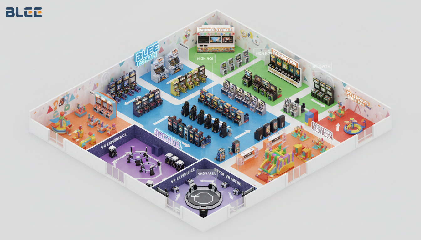 Investor-grade FEC floor plan: isometric 3D rendering by BLEE showing revenue zoning (arcade, redemption, VR, kiddie rides), optimized guest flow arrows, clear machine spacing, bright family-friendly theme, clean lighting, signage, and subtle ROI labels.